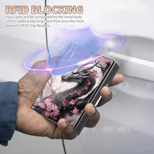 Slim Credit Card Holder, Pink Sakura Dragon RFID Blocking Metal Wallet for Men & Women, Aluminum Minimalist Hard Case Pocket-Sized Business Cards Organizer (Fits Up to 10 Cards)3