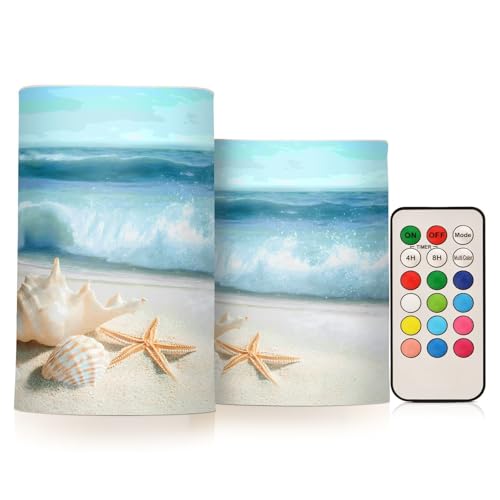 Image of Flickering Flameless Candles, Shells Summer Sandy Beach LED Candles with Remote Timer, Set of 2 Battery Operated Candle for Valentine Wedding Birthday