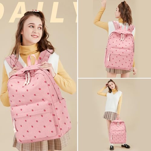 LOIDOU Schulrucksack Mädchen & Jungen Teenageralter Leichter Rucksack Damen für Schule Wasserabweisend Daypack Bookbag Colleg Work (Strawberry rosa Cord)