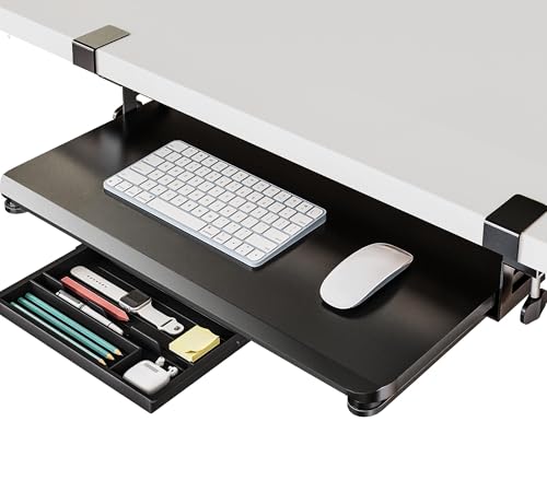 Fenge Keyboard Tray Under Desk, Pull Out Keyboard & Mouse Tray with C Clamp Mount, Sliding Keyboard Holder for Desk, 25.6 x 11.8 inch Large Slide-Out Platform Computer Drawer for Typing, Black