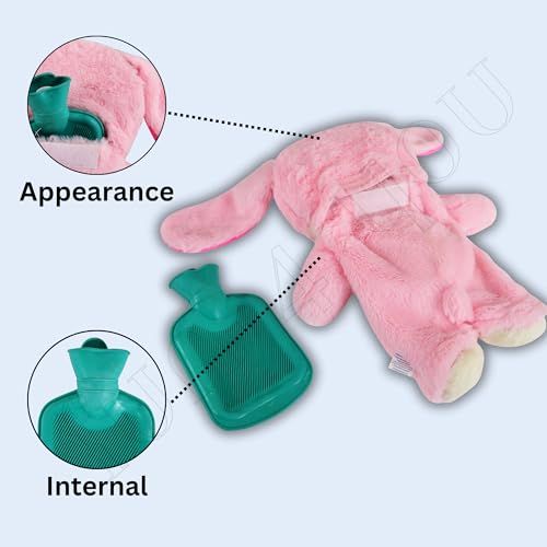 Image of Fun4you Cute Bunny Hot Water Bottle 30cm (Pink) | Period Cramps Relief Soft Stuffed Plush Teddy Bear Cover | Reusable Warm Bag for Back, Neck & Abdominal Comfort