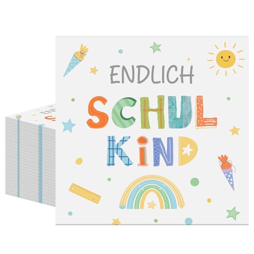 40 Stück Endlich Schulkind Servietten 33 x 33 cm Papierservietten Einschulung 2-lagige Cocktailservietten für Schulanfang Mädchen Jungen Tischdeko Einschulung Party Deko 2026