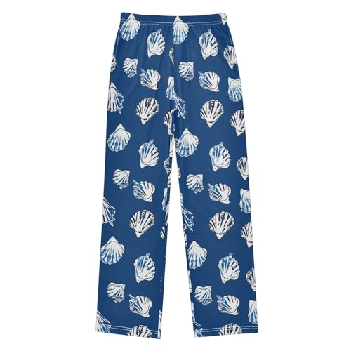 White Seashell Pajama Pants Lounge Sleep Pants Elastic Waist Long Pajama Bottoms with Pockets for 6-14 Years