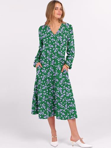 Image of ANRABESS Women's Long Lantern Sleeve Floral Midi Dresses 2026 Fall V Neck Casual Flowy A-line Tiered Boho Vacation Dress