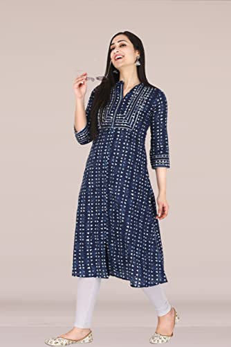 KANNAHI Women Pure Cotton Ethnic Motif Print A-line Straight Kurta Jaipuri Sanganeri Printed 3/4 Sleeve Kurti for Casual Party & Festival Wear for Girls & Womens