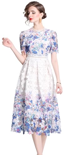 Image of LAI MENG FIVE CATS Women's Lace Floral Short Sleeve Crochet Waist Cocktail Midi Dress