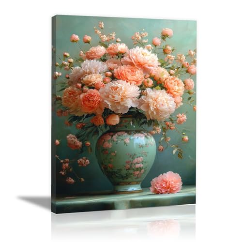 Paysage de montagne traditionnel en tableau vintage rose 60x90cm avec vases et bouquets de fleurs