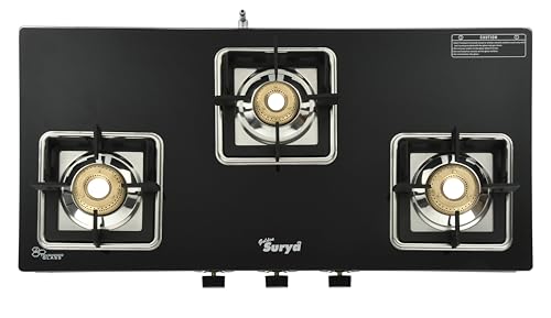 Image of Golden Surya 3 Burner Toughened Glass Gas Stove (CXJ-32 MS Pride) | Manual Ignition | ISI Certified | 18 Months Warranty | LPG Cooktop for Kitchen
