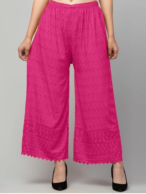 Image of Women's Palazzo Pants Rayon Trousers Chikankari Embroidered Lace Trim Wide Leg Straight Fit Flared Palazzo for Girls & Women