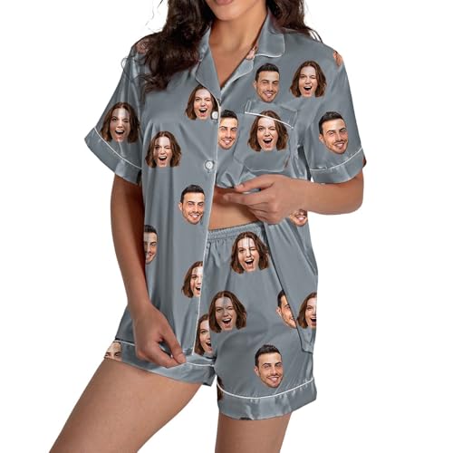Pijamas personalizadas con fotos para mujer, pijamas divertidos, ropa de dormir, regalos para ella, ropa de dormir con botones, conjunto de pijama con cuello en V, ropa de dormir de verano con