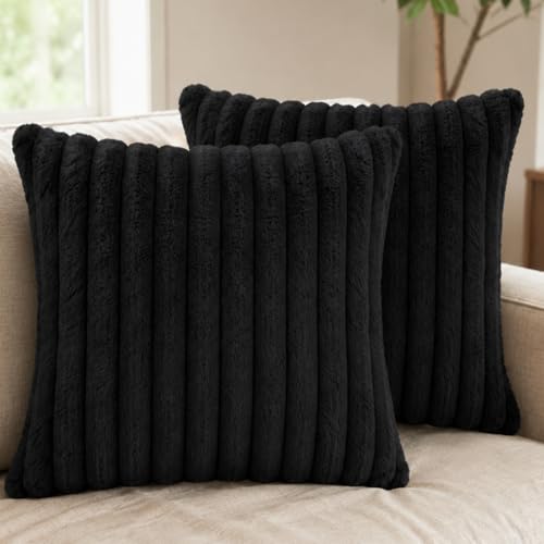NiNi ALL Faux Fur Black Throw Pillow Covers 18x18 Inch Set of 2 Soft Decorative Plush Cushion Cases for Sofa Couch Bed Chair Modern Luxury Home Decor