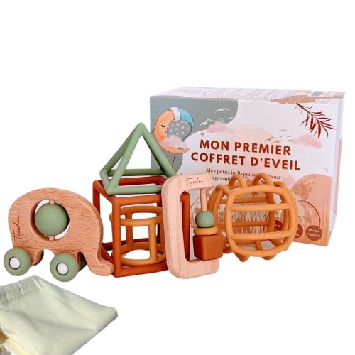 Jouets d'éveil bébé 1er âge - Coffret naissance mixte montessori garçon et fille - 5 Jeux d'activité et de développement sensoriel bois et silicone : Balle, Formes, Hochet, Roues- de 3 Mois à 3 Ans