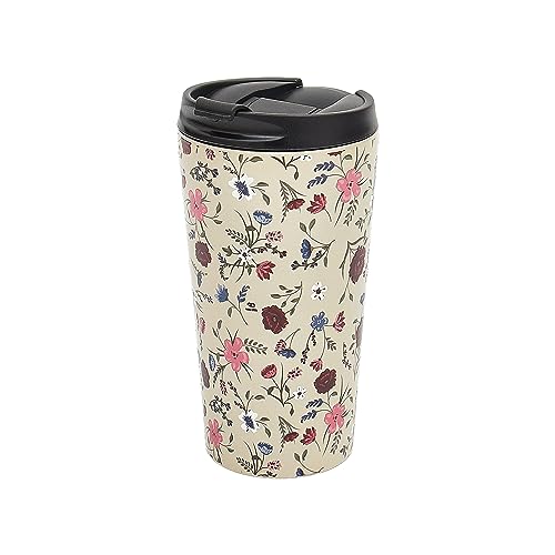 Eco Chic Reusable Thermal Coffee Cup Stainless Steel Leakproof Insulated 330ml Travel Mug (Floral Beige)