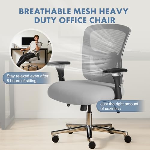 Image of DUMOS Big and Tall Office Desk Chair with Lumbar Support, 500lbs Heavy Duty Mesh Ergonomic Computer Chair with 4D Armrest and Wide Comfy Seat, Swivel Wheels for Adult, Grey