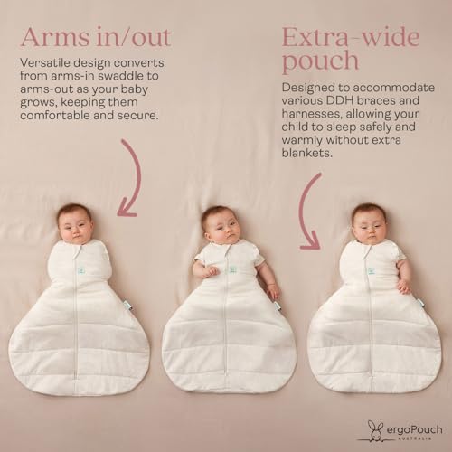 Image of ergoPouch Hip Harness Cocoon Swaddle Sack 1.0 TOG - Safe Sleep for Braced Babies, Fits Pavlik & Rhino Braces, Converts Arms In /Out, Extra Room for Hip Harness, Breathable (3-6 Months, Oatmeal Marle)