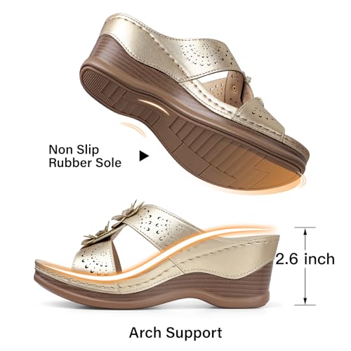 Image of TEMOFON Womens Wedge Sandals Leather: Comfortable Walking Shoes Summer | Fit Wide Foot - Cute Style - Wear True Size 5-11