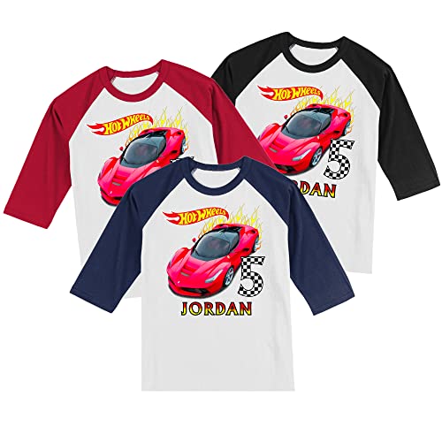 Personalized Hot Race Car Birthday Shirt | Personalized with Name and Age | Unisex 3/4 Sleeve Raglan T-Shirt4