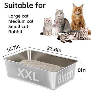 EGMEHOAD Stainless Steel Litter Box,XXL Metal Cat Litter Box for Big Cats 8IN Deep, Cat LitterBox High Sided Pet Toilet Easy to Clean,Cats Litter Pan for Adult Cats,Non Stick, No Smell