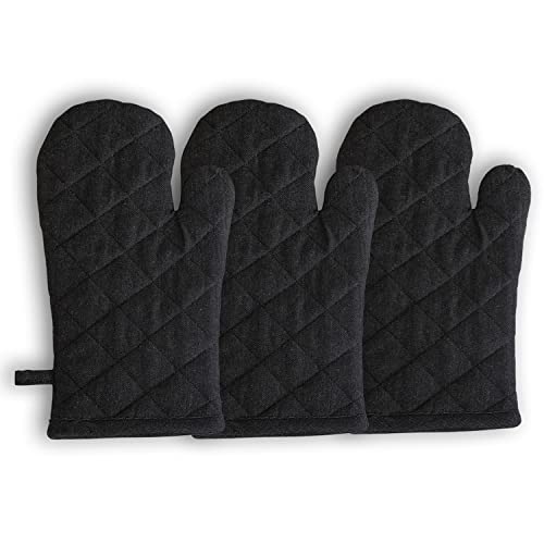 Image of 3 Oven Gloves, Cotton Heat Resistant Oven Mitts Kitchen Gloves for Cooking, Baking | Heat Proof, Durable, Free Size (Black)