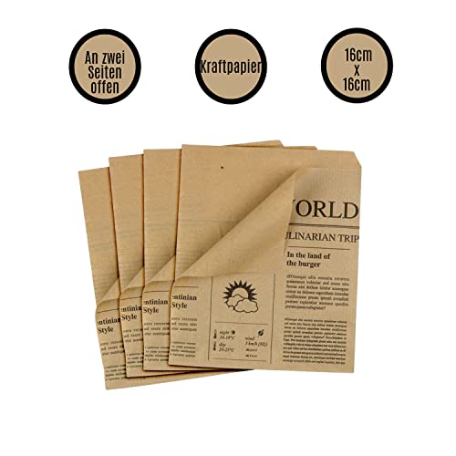 Snacktaschen | Burger Papier | Kraftpapier | Fettdicht | 50 Stück | 16x16cm | 100% Recyclebar | Umweltfreundlich | Biologisch abbaubar | Döner | Tüte | Snack | Zeitung