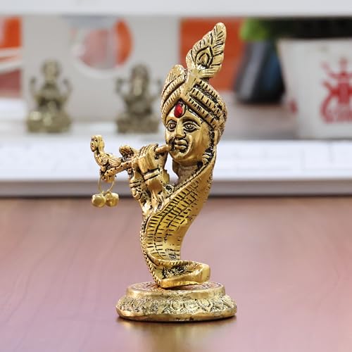 Image of KridayKraft Pagdi Krishna with Playing Flute Idol, Gold-Toned Metal Decorative Showpiece Hindu Religious Art Figurine, Statue