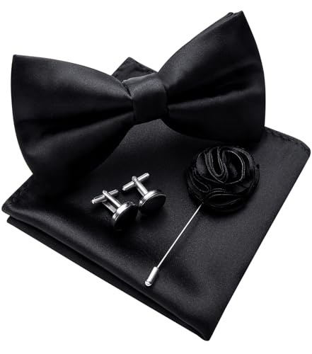 Image of Solid Color Bow Ties for Men Silk Pre-tied Tuxedo Bowtie Set 4PCS | Pre-tied in 3 seconds,adjustable 4PCS bow tie and pocket square cufflinks lapel pin set,wedding,formal,party,prom,graduation