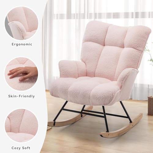 Image of SAETSFEG Rocking Chair Nursery Teddy Upholstered Glider Rocker Rocking Accent Chair Padded Seat with High Backrest Armchair Comfy Side Chair for Living Room Bedroom Offices (Pink Teddy)