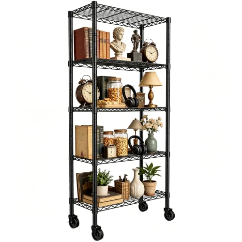 Image of REGILLER 5-Wire Shelving Metal Storage Rack Adjustable Shelves,Standing Storage Shelf Units for Laundry Bathroom Kitchen Pantry Closet(Black,14.1 inch D x 30 inch W x 82 inch H,With Wheels)