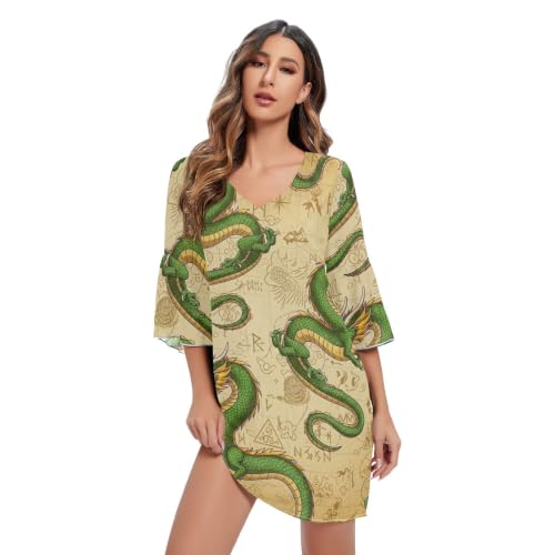 Robe dragon vert vintage à manches 3/4 style hawaïen décontracté pour femme