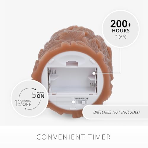 Image of Luminara Flameless Caramel Cafe Embossed Leaves 3.5 inch x 4.5 inch Pillar, Battery Operated & Timer Function, Fall Decorations Indoor Candle Moving Flickering Flame LED Light, Remote Ready (Sold Separately)