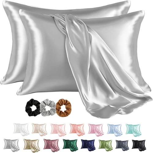 Craftelio® 2 Pcs Satin Pillow Covers for Hair & Skin with 3 Free Scrunchies – Soft, Cooling, Silk-Like Pillowcases Standard Size for Women & Men, Anti-Frizz, Breathable & Gift-Ready (Silver Grey)
