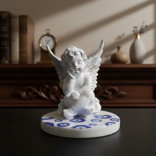 Image of HOMEARTE INDIA Baby Angel Showpiece with Evil Eye Marble Base - Decorative Guardian Angel Figurine for Home Decor, Living Room & Nursery | Spiritual Protection Gift Item