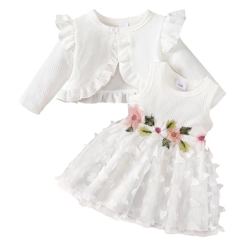 DivingBirds Vestido y chaqueta de punto para bebé niña 2 piezas conjunto estampado floral mariposa vestido de tul para niños de manga larga chaqueta de mantel a cuadros ropa para niñas de 3 meses a 3