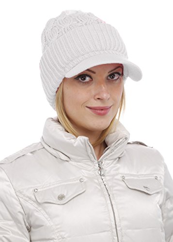 Gilbins Women Warm Winter Thick Slouchy Knit Snow Ski Hat with Visor (White)