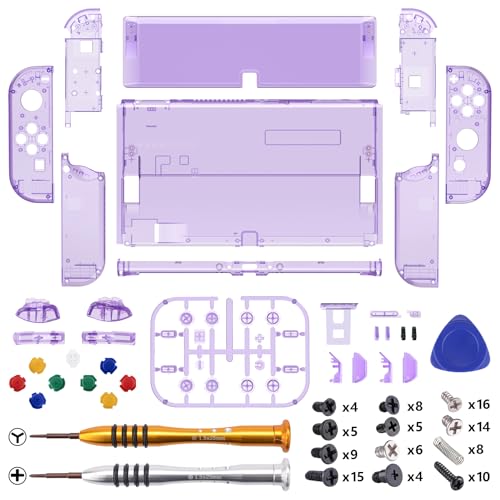 Image of eXtremeRate DIY Full Set Shell Buttons for Nintendo Switch OLED, Crystal Clear Atomic Purple Replacement Back Plate & Kickstand Custom Case Housing for Nintendo Switch OLED JoyCon - No Controller
