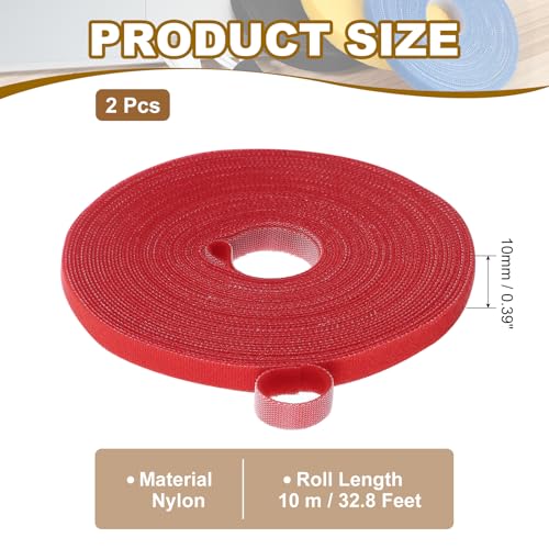 Image of PATIKIL 0.4IN x 33FT Hook and Loop Tape, 2 Pcs Double-Sided Nylon Strips Reusable Cable Ties Roll Multi-Purpose Cord Management Tape Wrap Fastener for Home Office, Red