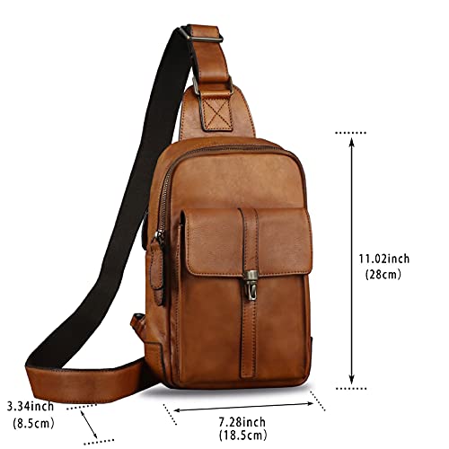 Genuine Leather Sling Bag Casual Shoulder Hiking Backpack Vintage Handmade Crossbody Bag Retro Chest Daypack (Brown) by IVTG - Image 5