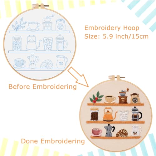 Image of Nuberlic Coffee Bar Embroidery Kit for Beginners | Aesthetic Coffee Shelf Design, Cross Stitch Starter Kit for Adults, Complete Needlepoint Kit