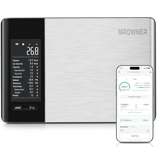 Belife Küchenwaage digital mit Nährwertberechnung Ernährungswaage App verfolgt 19 Nährstoffe Kaloriendatenanalyse Edelstahl-Ernährungswaage Lebensmittelwaage geeignet für Gewichtsverlust 5KG-1g