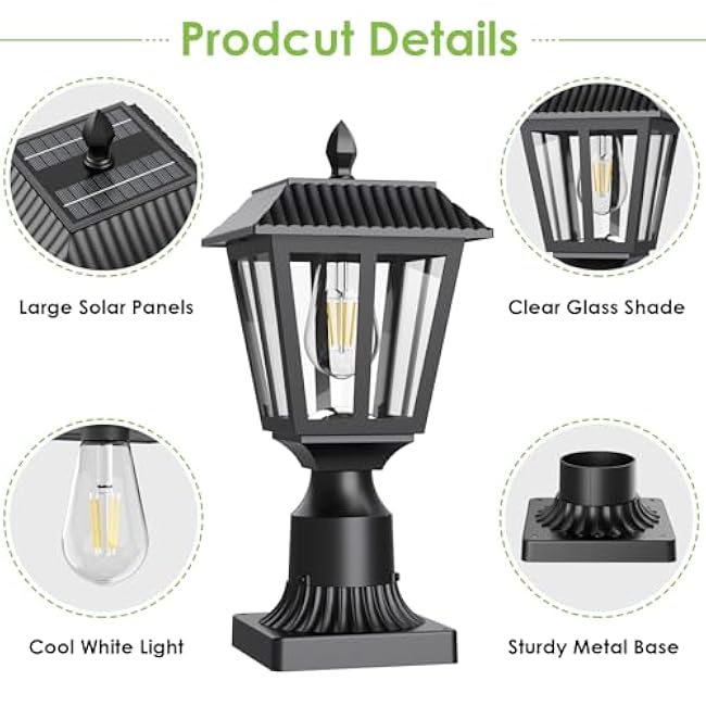 Greluna Solar Post Lamp Lights, 2 Pack 6000K Dusk to Dawn Solar Light with Pier Mount Base, Post Lights Outdoor Waterproof for Garden Yard Landscape Pole Pillar, Outside Decorative Lamp