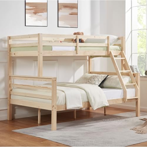 FLEXISPOT Twin Over Full Solid Wood Bunk Bed with Thick Posts,Wooden Bunk Bed with High Guardrail and Ladder for Kids, Teens, Dorm Rooms, and Guest Rooms,No Box Spring Needed,Natural