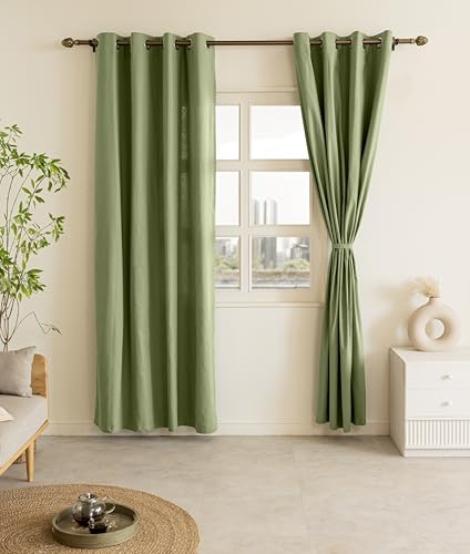 Image of THE LINEN COMPANY Cotton Room Darkening Curtain, Light Blocking Curtain 10 feet with Eyelet Rings for Long Door Pack 2 for Living Room, Bedroom (4.5ft x 10ft, Avocado Green)