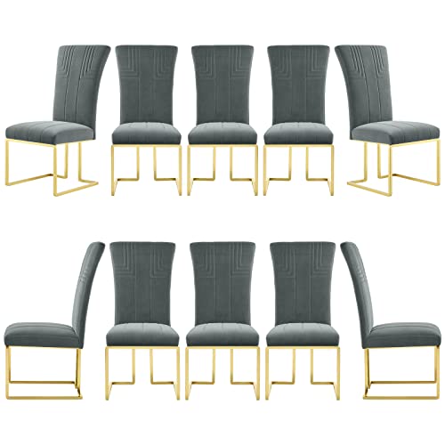 Azhome Dining Chairs, Gray Modern Velvet Upholstered Dining Chairs With Geometric Texture Design Back And Mirror Gold Sled Base, Contemporary Dining Chairs For Dining Room, Kitchen(Set Of 10, Gray) #TOP30