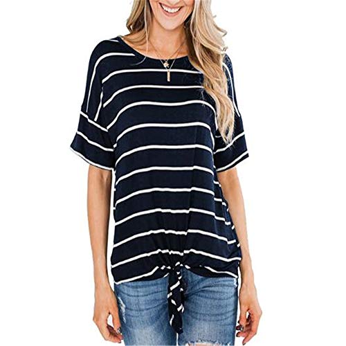 Preisvergleich Produktbild Sommer Damen Rundhalsausschnitt Lose Streifen NäHte Geknotet T-Shirt