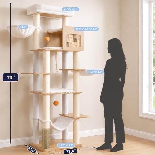 Image of Hey-brother Wooden Cat Tree Tower with Rattan Condo, Big Platform, MPJ122BT