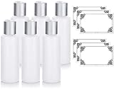 Clear Natural Refillable Plastic Squeeze Bottle with Silver Disc Cap - 4 oz Set (6 pack) + Labels