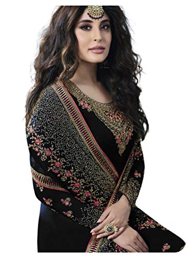 Image of Miss Ethnik Women's Black Georgette Semi Stitched Top With Unstitched Santoon Bottom and Faux Georgette Dupatta Embroidered Straight Kurta Dress Material (Salwar Suit Set) (ME-1-976-Black)