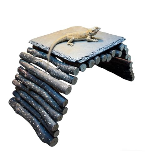 Bearded Dragon Tank Accessories - Natural Rock Basking Platform & Wooden Climbing Bridge Ladder Hideout Habitat Dcor for Tortoise Snake Gecko & Reptile Terrariums