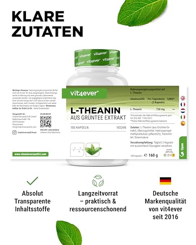 L-Theanin - 180 Kapseln - 750 mg pro Tagesportion - Aus natürlichem Grüntee Extrakt - Hochdosiert - Vegan
