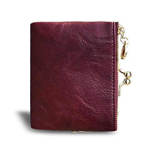 Image of AOXONEL Womens Wallet Small Rfid Ladies Compact Bifold Leather Vintage Coin Purse With Zipper and Kiss Lock, Purple, Small, Vintage